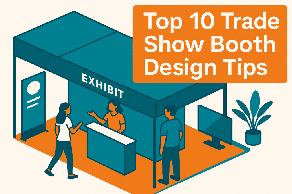 Flat, teal-and-orange illustration of a trade-show booth with three people, headline “Top 10 Trade Show Booth Design Tips.”