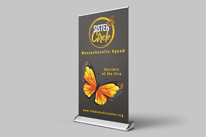 Dark roll-up banner for Sister Circle Massachusetts Squad with orange monarch butterfly, designed by Rahat Abir.