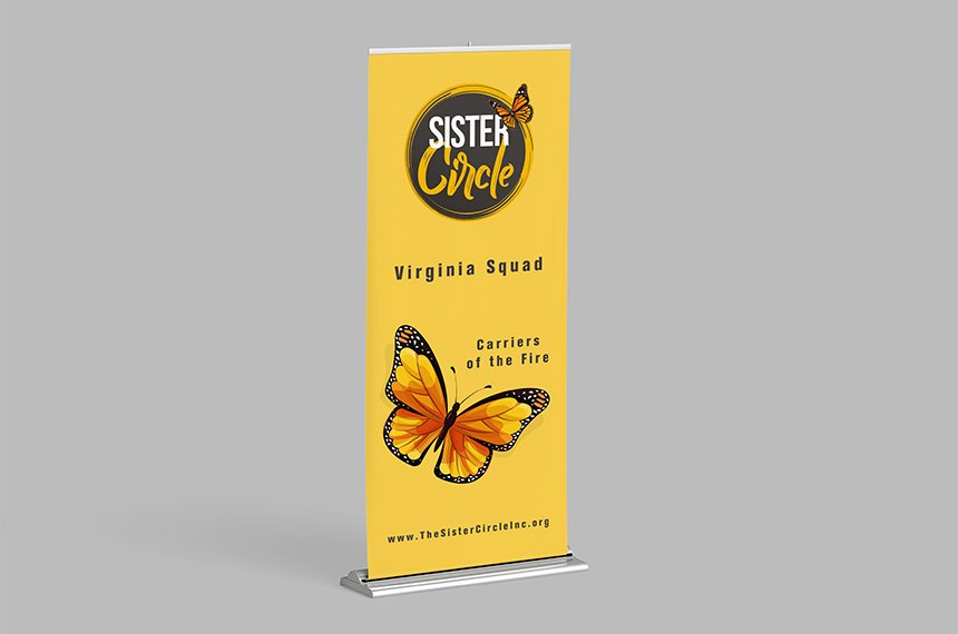 Yellow roll-up banner for Sister Circle Virginia Squad with monarch butterfly, created by Rahat Abir.
