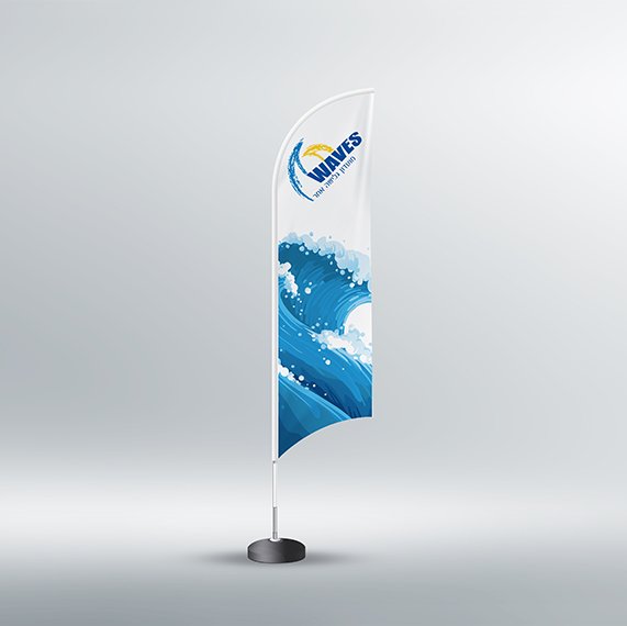 White feather flag with blue ocean-wave graphic and Waves Swim School logo, designed by Rahat Abir.