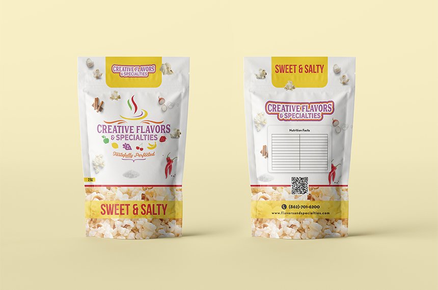 Front and back views of a Sweet & Salty popcorn-seasoning stand-up pouch for Creative Flavors & Specialties.
