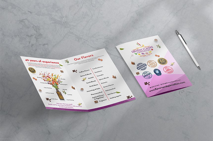 Tri-fold capabilities brochure open flat, showcasing 40-year timeline and flavour categories – design by Rahat Abir.