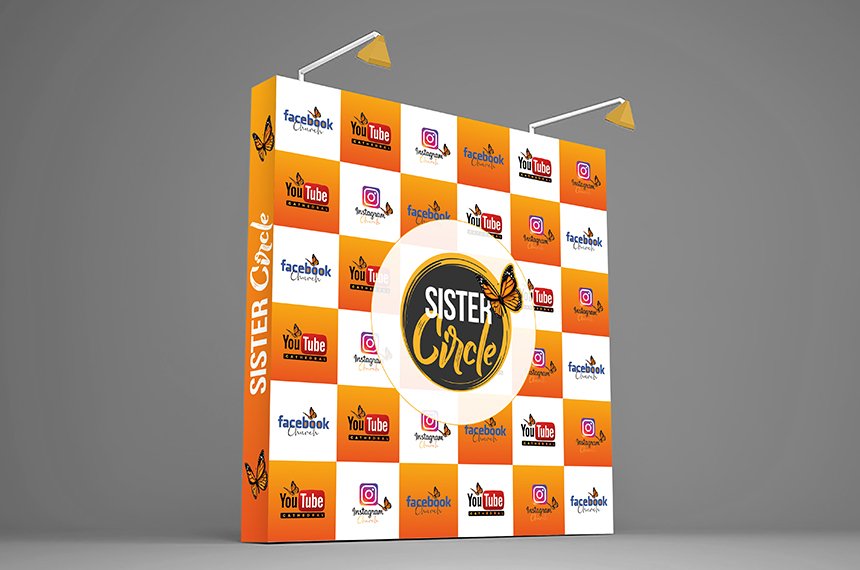Checkerboard media-wall backdrop featuring Sister Circle logo and social-media icons, created by Rahat Abir.