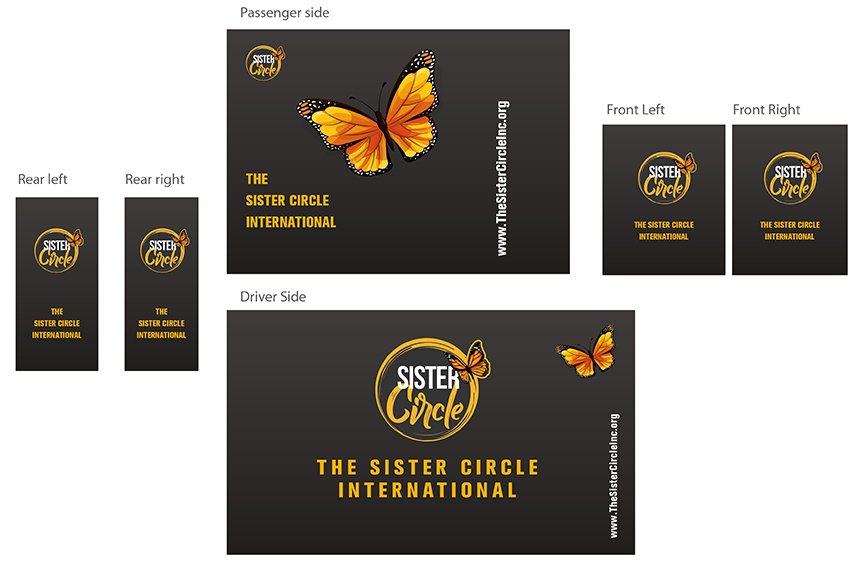 Multi-panel vehicle-wrap layout for Sister Circle International with butterfly and logo, designed by Rahat Abir.