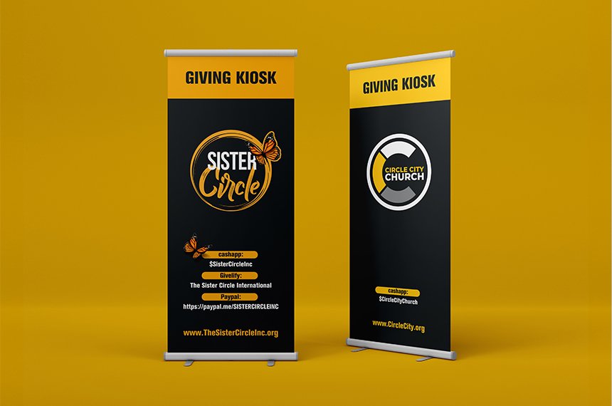 Two “Giving Kiosk” roll-up banners for Sister Circle and Circle City Church with donation details, created by Rahat Abir.