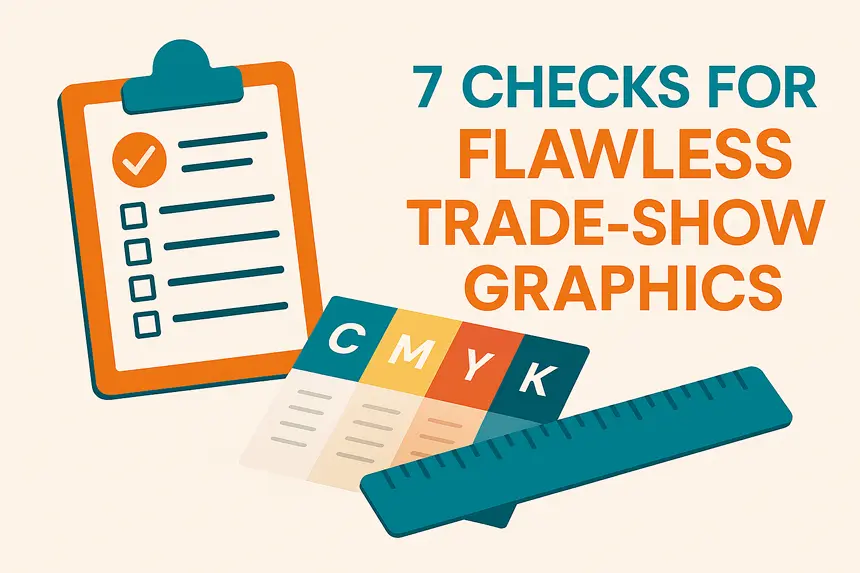 Flat-style illustration of a clipboard checklist, CMYK swatch, and ruler with headline “7 Checks for Flawless Trade-Show Graphics.”