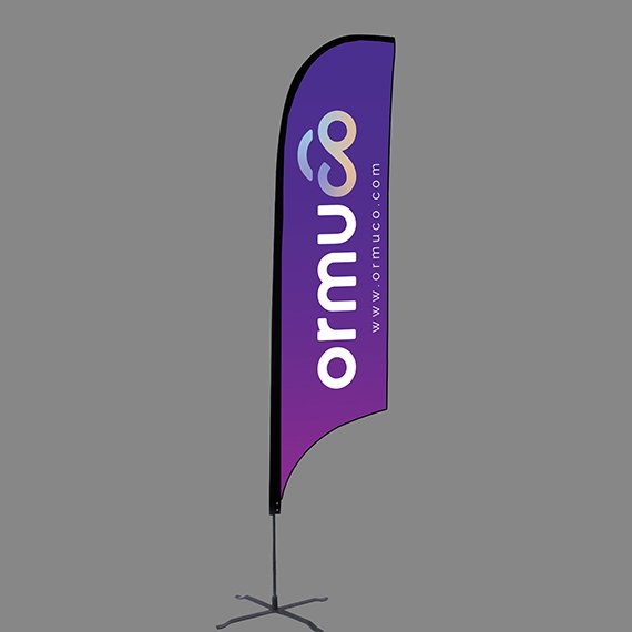 Purple gradient feather flag featuring Ormuco logotype and URL, created by Rahat Abir.